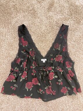 Garage Black Floral Lace V-Neck Cami with Red Rose Print